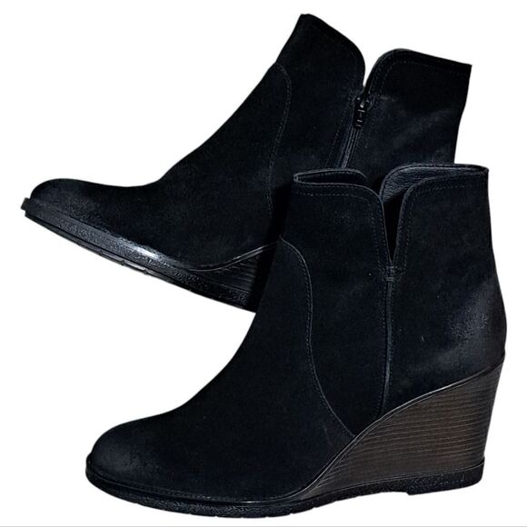 Kenneth Cole Reaction Dot-Ation Leather Suede Wedge Ankle Bootie Sz 11 Black - Picture 11 of 16